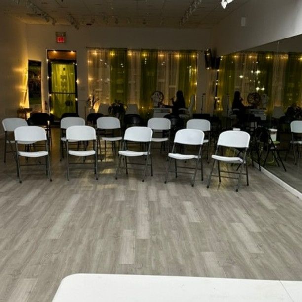 The Spotswood studio set up with rows of chairs for an event